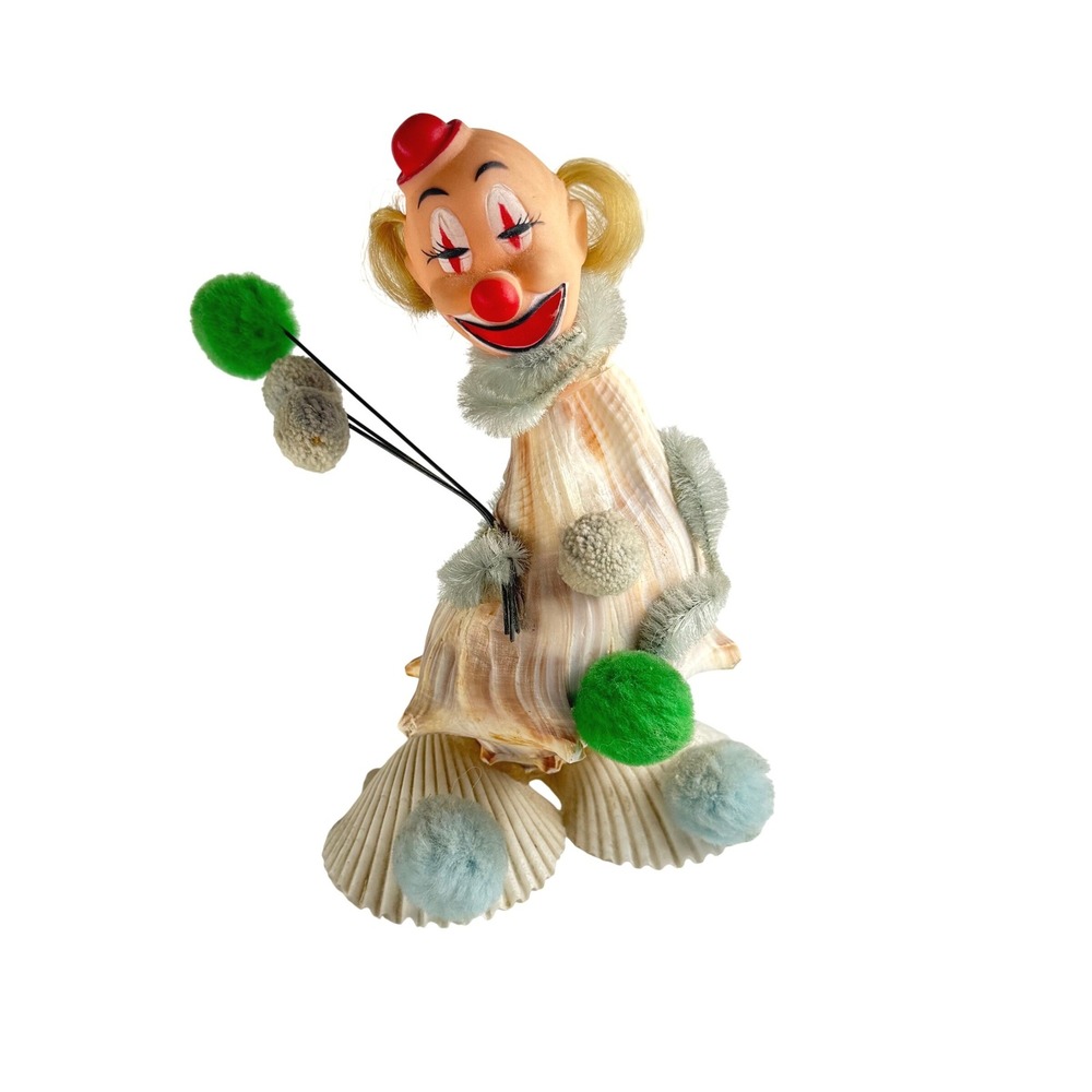 Vintage 1960s Kitsch Sea Shell Clown Figurine MCM Coastal Folk Art 8 Inch